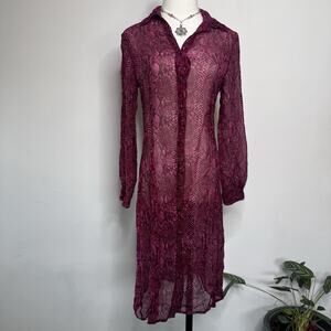 Vintage 90s TRIO Silk Fuchsia Snakeskin Button Front Sheer Midi Fairy Goth 4